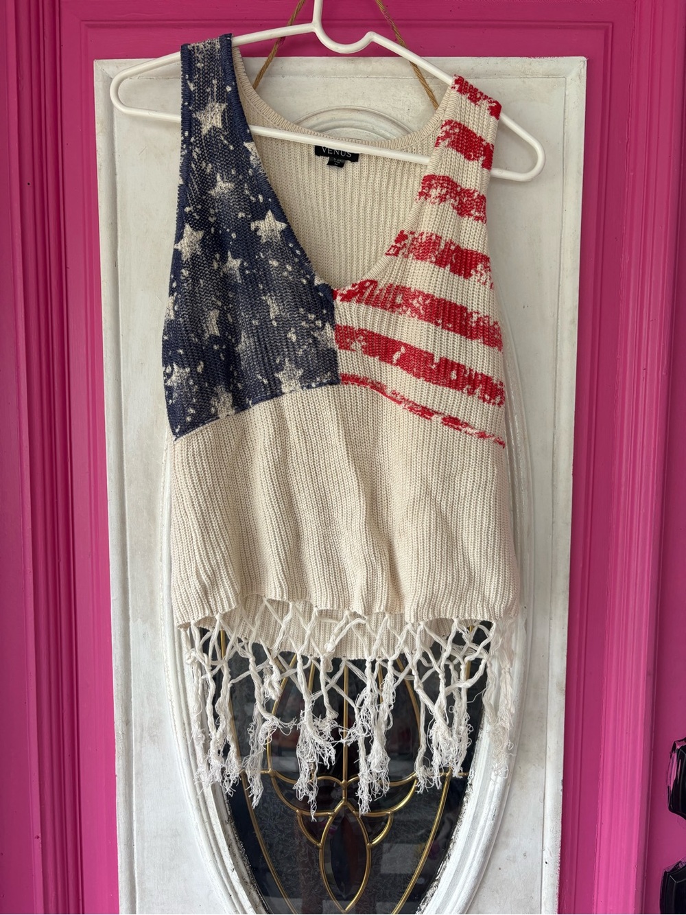 VENUS Americana Flag Knit Fringe Crop Tank Top in Red, Blue, Cream